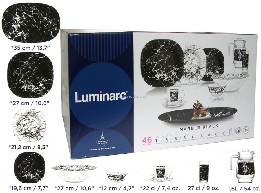 Сервіз столовий Luminarc Q0056 Marble Black. 46 пред., каталог